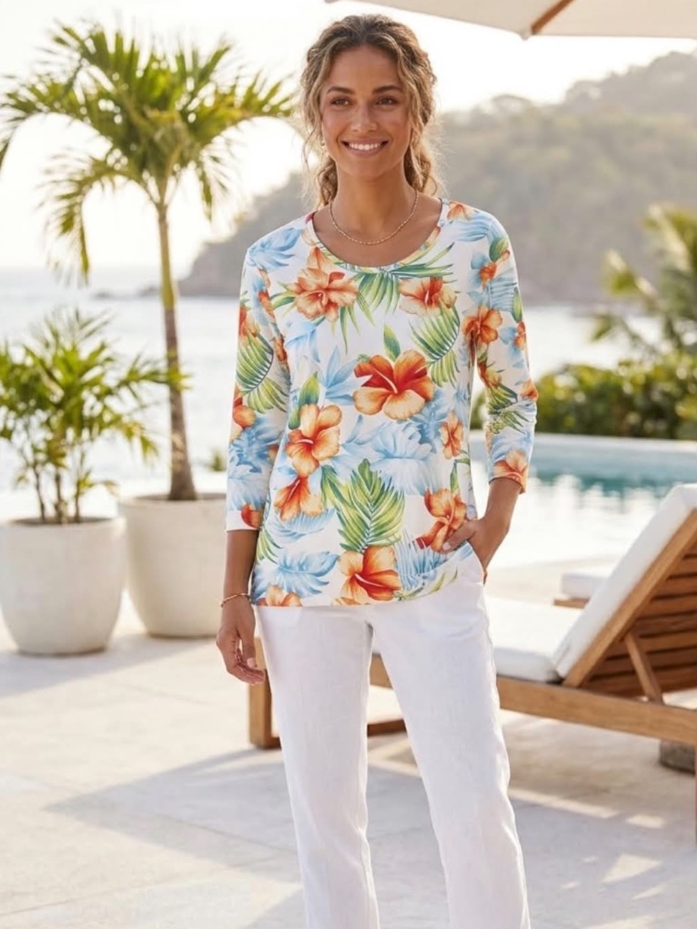 J. McLaughlin Tropical Hibiscus Catalina Cloth Top XL 3/4 Sleeve